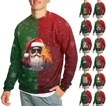 Мужская повседневная мода, удобная рождественская принтованная круглая горловина, свитер, толстовка L армия зеленый
