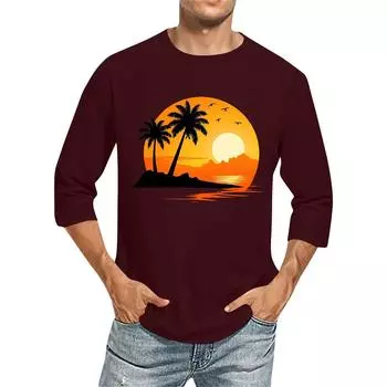 Мужская повседневная модная футболка с круглым вырезом и рукавом три четверти M винный