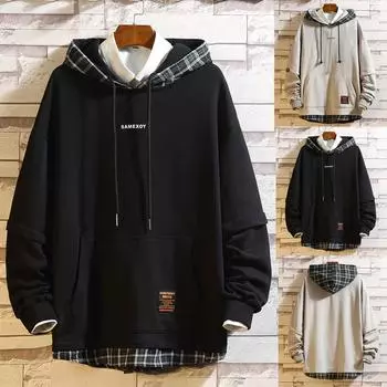 Мужская повседневная модная клетчатая лоскутная толстовка с длинными рукавами и свитерами, топы XXXL чёрный