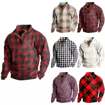 Мужская повседневная модная клетчатая толстовка без капюшона с принтом, широкая мужская свободная толстовка с капюшоном и воротником-стойкой на пуговицах L чёрный