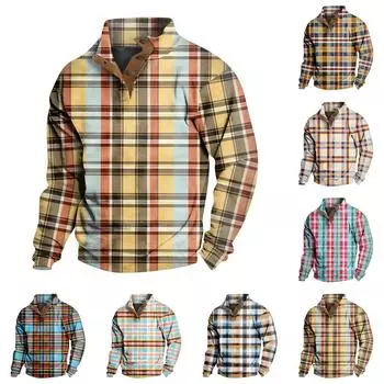 Мужская повседневная модная клетчатая толстовка без капюшона с принтом, широкая мужская свободная толстовка с капюшоном и воротником-стойкой на пуговицах L чёрный