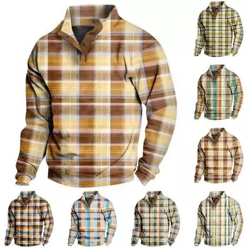 Мужская повседневная модная клетчатая толстовка без капюшона с принтом, широкая мужская свободная толстовка с капюшоном и воротником-стойкой на пуговицах L чёрный