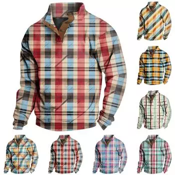 Мужская повседневная модная клетчатая толстовка без капюшона с принтом, широкая мужская свободная толстовка с капюшоном и воротником-стойкой на пуговицах XXXL