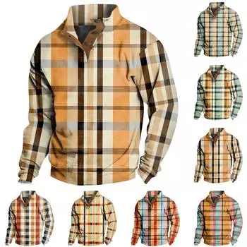 Мужская повседневная модная клетчатая толстовка без капюшона с принтом, широкая мужская свободная толстовка с капюшоном и воротником-стойкой на пуговицах L чёрный