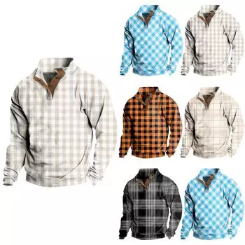 Мужская повседневная модная клетчатая толстовка без капюшона с принтом, широкая мужская свободная толстовка с капюшоном и воротником-стойкой на пуговицах XXXL чёрный