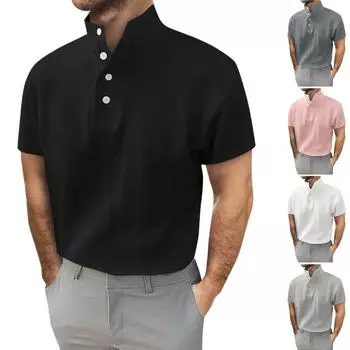Мужская повседневная модная однотонная блузка с коротким рукавом и высоким воротником на пуговицах, топ XXL чёрный