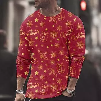 Мужская повседневная модная рождественская футболка с круглым вырезом и длинным рукавом L красный