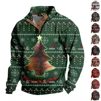 Мужская повседневная модная рождественская принтованная толстовка без капюшона, широкая мужская свободная толстовка с капюшоном и воротником-стойкой L армия зеленый