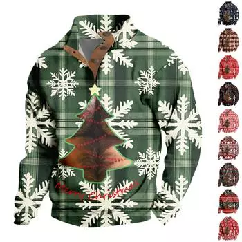 Мужская повседневная модная рождественская принтованная толстовка без капюшона, широкая мужская свободная толстовка с капюшоном и воротником-стойкой XXL