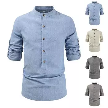 Мужская повседневная модная рубашка с длинным рукавом, мужская полосатая рубашка с воротником-стойкой и пуговицами с длинным рукавом XXL синий