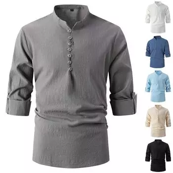 Мужская повседневная модная рубашка с длинным рукавом, мужская однотонная рубашка с воротником-стойкой на пуговицах и длинным рукавом L чёрный