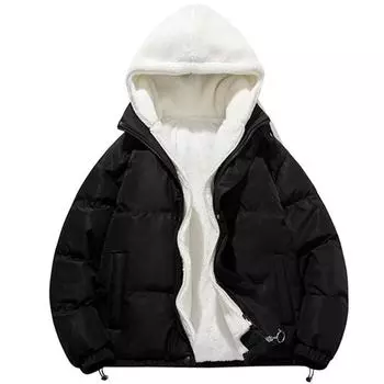 Мужская повседневная модная трендовая куртка с капюшоном и подкладкой из овечьей шерсти L чёрный