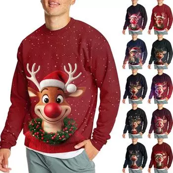 Мужская повседневная модная удобная толстовка с круглым вырезом и принтом рождественского оленя XXL чёрный