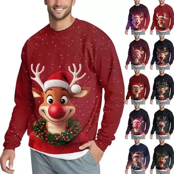 Мужская повседневная модная удобная толстовка с круглым вырезом и принтом рождественского оленя XL
