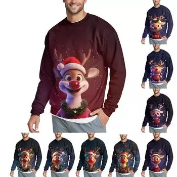 Мужская повседневная модная удобная толстовка с круглым вырезом и принтом рождественского оленя M винный