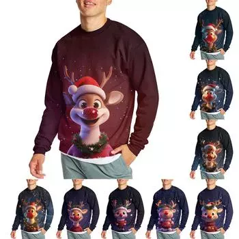 Мужская повседневная модная удобная толстовка с круглым вырезом и принтом рождественского оленя L