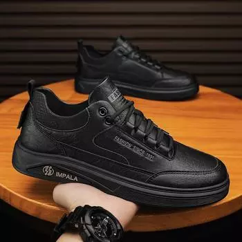 Мужская повседневная обувь 2024 года, новые дышащие теннисные туфли, мужские однотонные повседневные кожаные туфли на шнуровке, высококачественные мужские кроссовки 39 чёрный