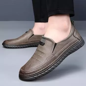 Мужская повседневная обувь бренды 2024 года модные удобные черные/хаки кожаные туфли для мужчин с мягкой подошвой деловые кожаные туфли без застежек на плоской подошве 38 чёрный