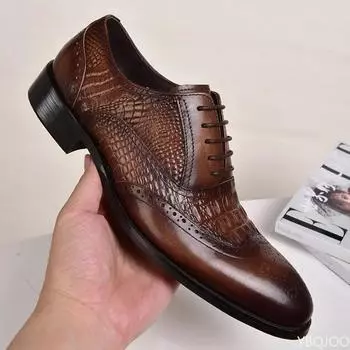 Мужская повседневная обувь Brock Oxford из крокодиловой кожи в стиле ретро, мужская официальная обувь на весну и осень 2024 года 39 коричневый