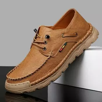 Мужская повседневная обувь для отдыха на открытом воздухе, кожаные туфли для вождения ручной работы со шнуровкой 39 чёрный