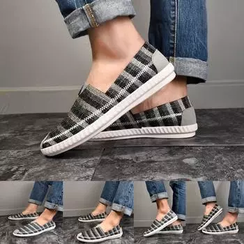 Мужская повседневная обувь из дышащей ткани, льняная полосатая парусиновая мужская обувь 40 чёрный