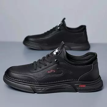 Мужская повседневная обувь из кожи класса люкс, классические легкие кроссовки на шнуровке для походов на открытом воздухе, нескользящие дизайнерские туфли с толстой подошвой 38 чёрный