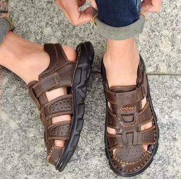 Мужская повседневная обувь из натуральной кожи, классические мужские сандалии, летние мужские прогулочные кроссовки, дышащие мужские сандалии 48 чёрный