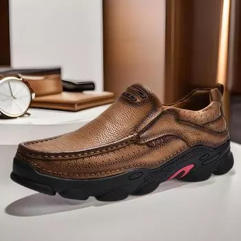 Мужская повседневная обувь из натуральной кожи - мягкая подошва, деловой повседневный стиль, стиль для папы среднего возраста, без застежек foot-covering, 39 чёрный