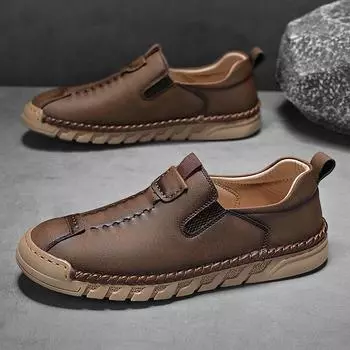 Мужская повседневная обувь, классические модные туфли на плоской подошве для вождения на открытом воздухе для мужчин, подошва ручной работы, универсальная мужская повседневная обувь из кожи с защитой от скольжения 39 чёрный