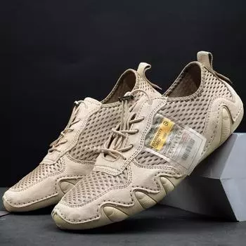 Мужская повседневная обувь Кожаные леггинсы с дышащей сеткой для вождения автомобиля Мужская спортивная кожаная обувь 38 серый