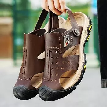 Мужская повседневная обувь, летние пляжные сандалии из натуральной кожи, дизайнерские нескользящие дышащие мужские тапочки, мокасины 38 чёрный