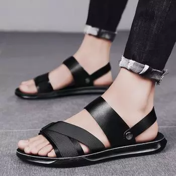 Мужская повседневная обувь Летняя пляжная обувь Мужские сандалии Кожаные черные сандалии для мужчин Уличная мягкая повседневная обувь Туфли на плоской подошве Мужские тапочки 38 чёрный