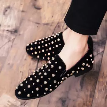 Мужская повседневная обувь Модные туфли-оксфорды для деловых банкетов Сексуальные туфли на плоской подошве с заклепками Туфли для торжественного платья и свадьбы Zapatilla Hombre 38 чёрный