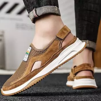 Мужская повседневная обувь с открытыми носками, удобные сандалии, мужские мокасины, легкие мужские сетчатые туфли, дышащие кроссовки, мягкая кожаная обувь 38 чёрный