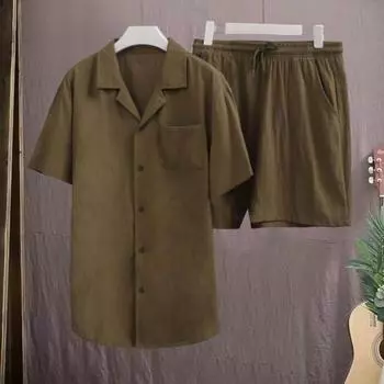 Мужская повседневная одежда из 2 шт./компл., однобортная рубашка с короткими рукавами и эластичным шнурком на талии, широкая M хаки