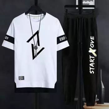 Мужская повседневная одежда с круглым вырезом и коротким рукавом с буквенным принтом, 2 шт./компл., эластичная резинка на талии, широкие спортивные штаны, комплект, быстросохнущая свободная посадка L зелёный