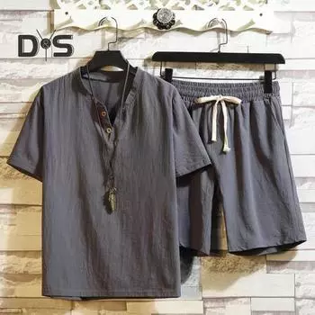 Мужская повседневная одежда с v-образным вырезом и пуговицами, футболка с короткими рукавами и эластичной резинкой на талии, регулируемые шорты на шнурке, комплект однотонной спортивной одежды XL чёрный