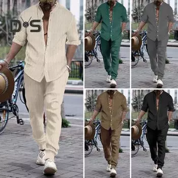 Мужская повседневная одежда с воротником-стойкой и длинным рукавом, однобортная рубашка, свободный крой, длинные брюки, комплект, однотонная спортивная одежда 2XL темно-серого