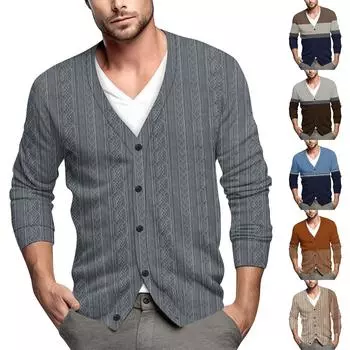 Мужская повседневная однобортная модная куртка-кардиган с длинными рукавами на пуговицах L кофейный