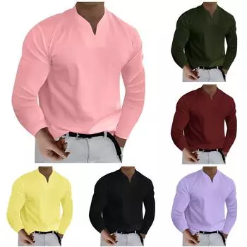 Мужская повседневная однотонная мужская деловая футболка с v-образным вырезом и длинным рукавом