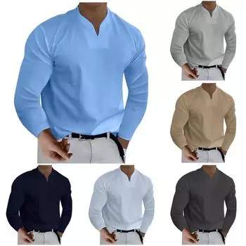 Мужская повседневная однотонная мужская деловая футболка с v-образным вырезом и длинным рукавом