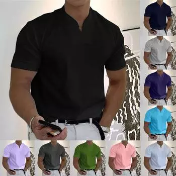 Мужская повседневная однотонная мужская деловая футболка с v-образным вырезом и коротким рукавом для фитнеса M