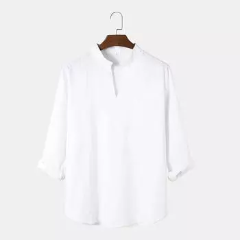 Мужская повседневная однотонная рубашка с v-образным вырезом и длинными рукавами, базовая футболка для мужчин S белый
