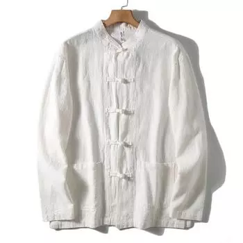 Мужская повседневная однотонная рубашка в китайском стиле высокого класса из камвольного материала рами с воротником-стойкой и пуговицами, рубашка с длинным рукавом XXXXXL белый