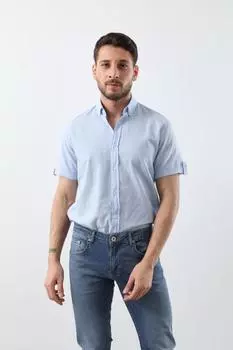 Мужская повседневная однотонная синяя рубашка с коротким рукавом