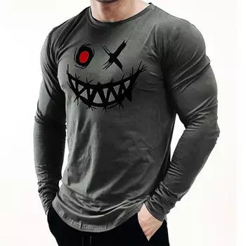 Мужская повседневная осенняя дышащая кофта с длинным рукавом и круглым вырезом с принтом в виде злого смайлика, одежда Y2K, мужской топ с длинным рукавом S