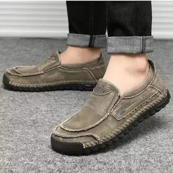 Мужская повседневная парусиновая обувь Мужские мокасины Дышащие туфли без застежек на плоской подошве Мужская вулканизированная обувь Обувь для вождения Размер плюс 47 Прогулочная обувь 38 хаки