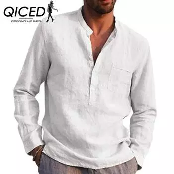Мужская повседневная пляжная льняная рубашка с длинным рукавом QICED S белый
