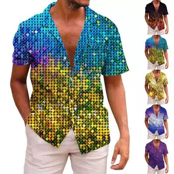 Мужская повседневная пляжная праздничная одежда с лацканами, модная рубашка, гавайская рубашка с короткими рукавами L золотой
