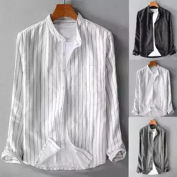 Мужская повседневная полосатая рубашка, мужская удобная рубашка с отложным воротником и длинным рукавом S белый